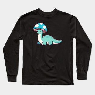 Kawaii simple Mushroom Hat Blue Dinosaur Brontosaurus Long Sleeve T-Shirt